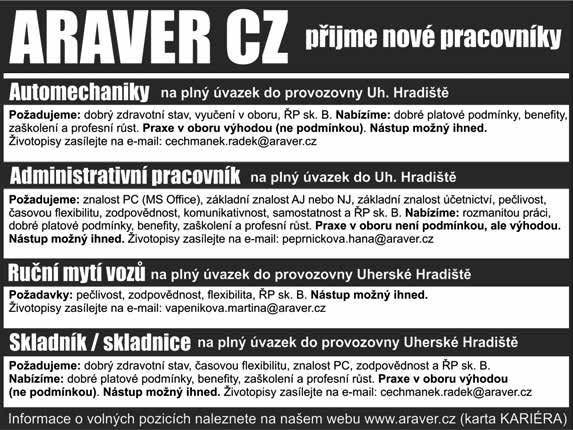 50 6 Samostatnost, pečlivost, spolehlivost Nabízíme: Odpovídající mzdové ohodnocení, zaměstnanecké benefity Závodní stravování s příspěvkem zaměstnavatele Autobusovou dopravu z Uh. Hradiště a St.