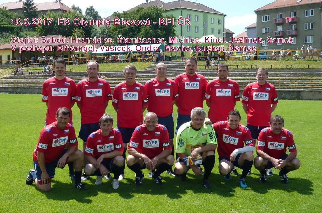 18.6.2017 FK Olympia Březová KFI ČR 1:13 (penalty 2:3) Oslavy 50 let fotbalu v Březové vyvrcholily utkáním domácí staré gardy s internacionály ČR.