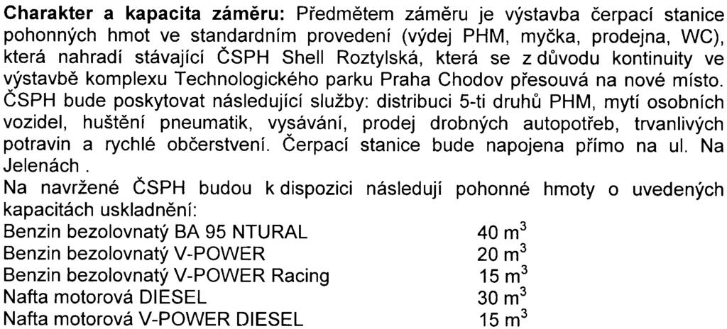 Charakter a kapacita zámìru: Pøedmìtem zámìru je výstavba èerpací stanice pohonných hmot ve standardním provedení (výdej PHM, myèka, prodejna, WC), která nahradí stávající ÈS PH Shell Roztylská,