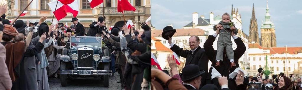 Záběr z davové scény příjezdu Rašína, natáčeného na Hradčanském náměstí.