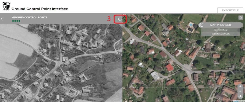Obr. 18 - Postup výběru výchozího bodu v aplikaci GCP Zadané body je potřeba svázat, klikněte nejprve na zadaný bod ve snímku a následně na