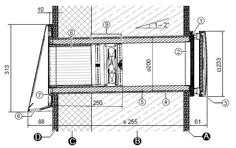 5.2 Rozměry Označení Hloubka / Šířka (mm) Výška (mm) Ø (mm) délka (mm) Šířka zdi s omítkou > 255 - - - Otvor pro stavební průchodku šířka zdi 1) - - 225 Stavební průchodka R-D160x495 (745) 495 (745)