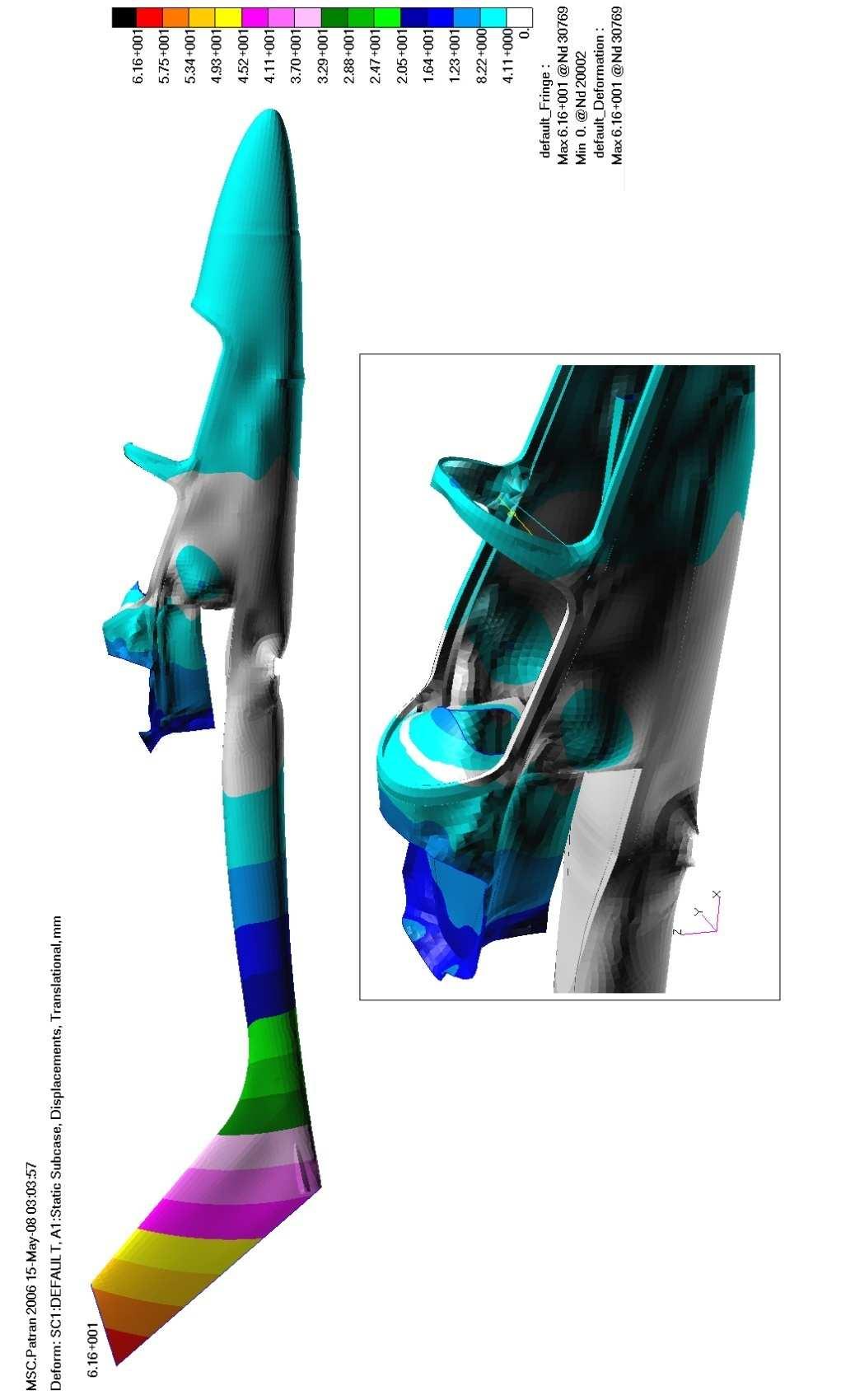 6.2.3.4 Přistání na 3 body Obr. 85 Deformace Celková deformace trupu při přistání na 3 body. Pro lepší čitelnost byla hodnota deformace zvětšena v měřítku 1:10.