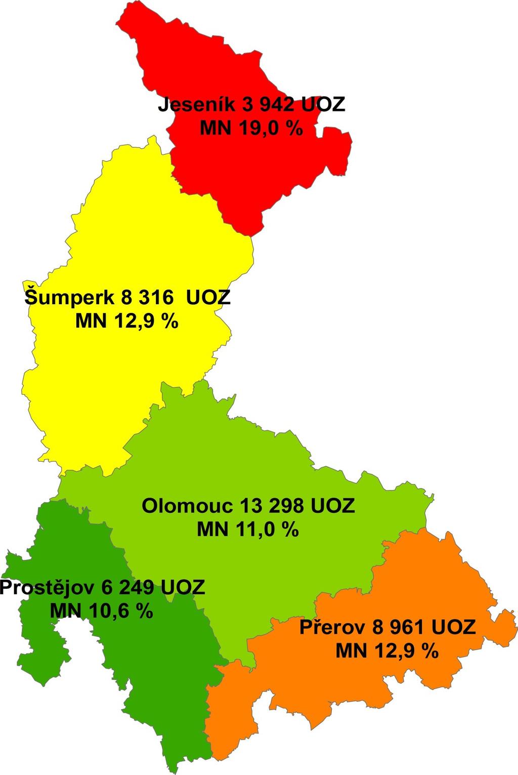 Strana č. 26 Mapa č. 6 Porovnání míry nezaměstnanosti v jednotlivých okresech kraje Okres Jeseník má nejvyšší míru nezaměstnanosti v ČR 19,0 %.