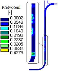 Obrázek 43 ukazuje stav deformace ve výtažku v posledním kroku simulace. Největších hodnot je dosahováno ve spodní části pláště výtažku ve styku plechu s tažníkem.