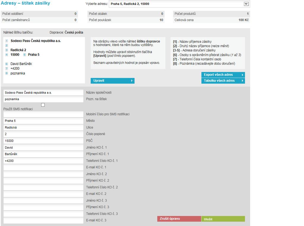 V druhé části se nachází informace o adresách doručení s grafickým náhledem štítku dopravce.