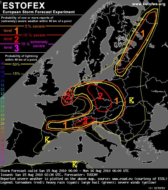 Obr. 4 Předpověď bouří pro Evropu na období 15. srpna 2010 06:00 UTC až 16. srpna 2010 06:00 UTC vydaná dne 15. srpna 2010 02:34 UTC agenturou ESTOFEX.