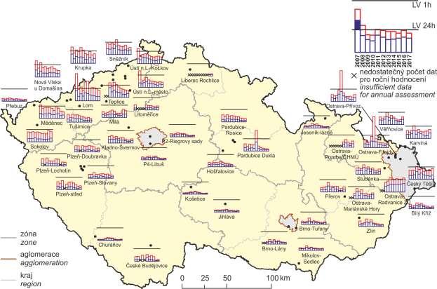 Obr. 1 Významné staniční sítě sledování kvality venkovního ovzduší, stav 2017 Obr. 2 4. nejvyšší 24hod.