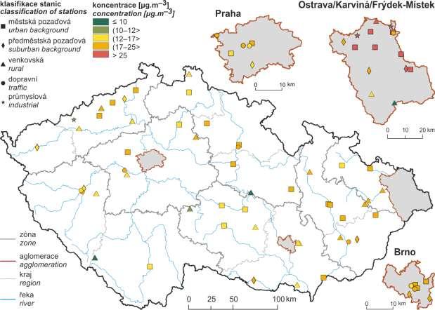 Obr. 17 2017 Roční průměrné koncentrace PM 10 měřené na stanicích imisního