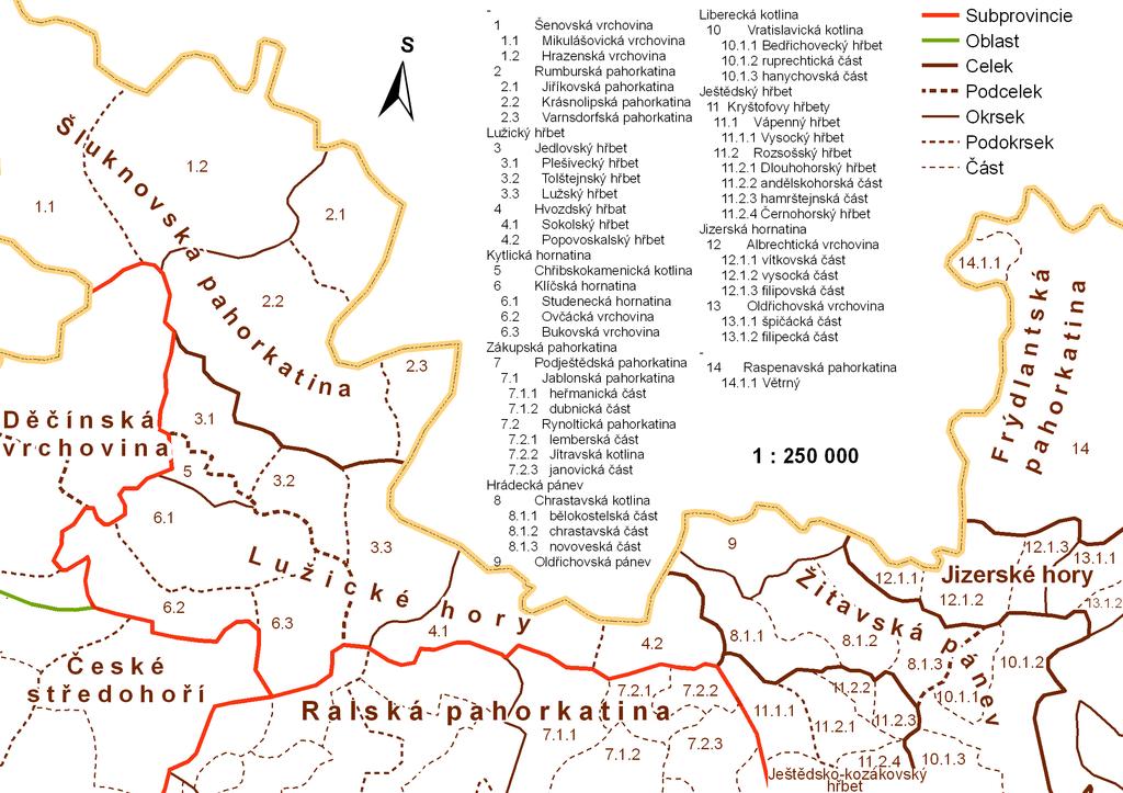Obr. 2 Geomorfologické členění Lužických hor a okolních jednotek (upraveno dle B. Balatka J. Kalvoda 2006) 0 10 km Pozn.