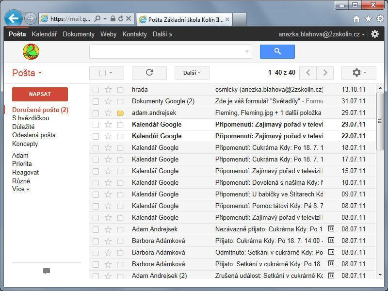 Seznámení s emailovou schránkou Na obrázku vidíte grafické rozhraní emailové schránky. Popíšeme si ho. 7 8 Odkazy na další nástroje Google Apps. Pravý sloupec je pracovní plocha se seznamem emailu.