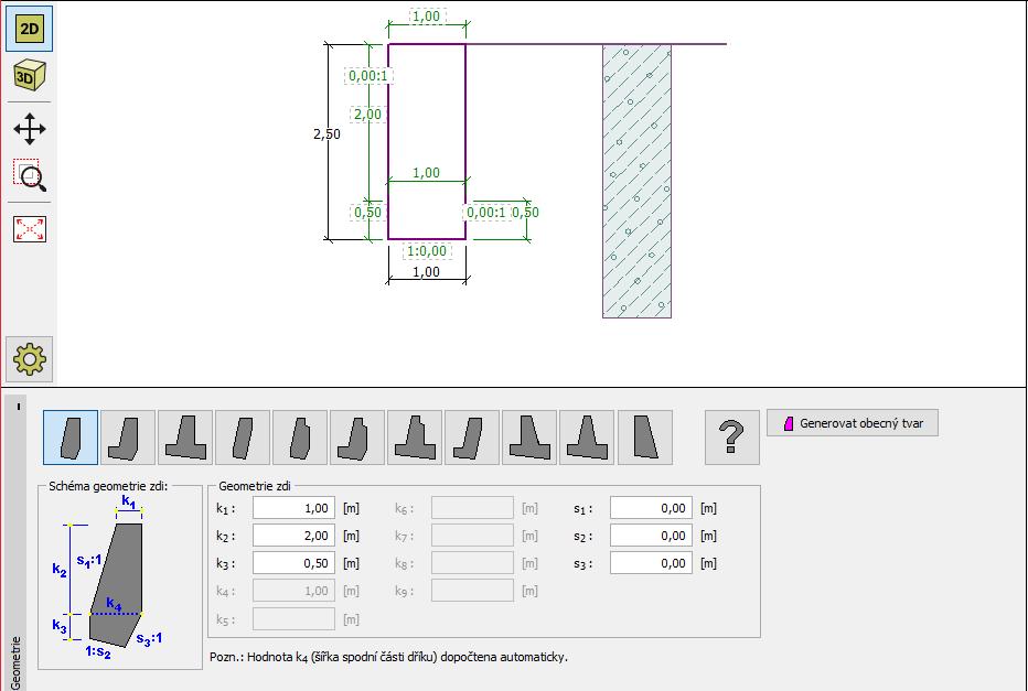 Rám Geometrie zadání rozměrů tížné zdi Poté přejdeme do rámu Zeminy, kde přidáme novou zeminu třídy F1 dle specifikací uvedených v tabulce.