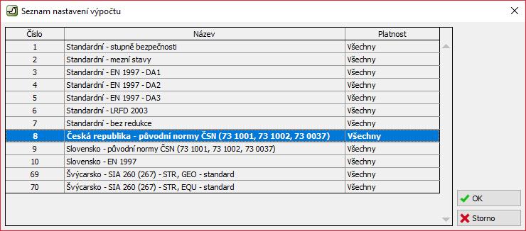 V rámu Nastavení stiskneme tlačítko Vybrat nastavení a zvolíme možnost č. 8 Česká republika původní normy ČSN (73 1001, 73 1002, 73 0037).