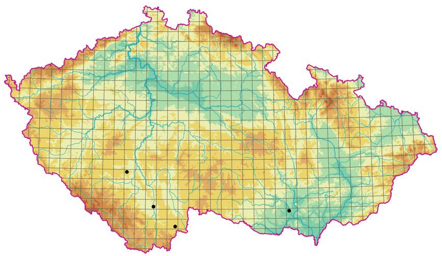Nitellion flexilis Obr. 125. Rozšíření asociace VCA02 Charetum braunii; existující fytocenologické snímky dávají dosti neúplný obraz skutečného rozšíření této asociace. Fig. 125. Distribution of the association VCA02 Charetum braunii; available relevés provide an incomplete picture of the actual distribution of this association.