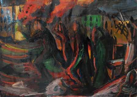 495. Ladislav Stejskal (1910 1983) U požáru olej, papír, 34 x 48,4 cm, sign. LD L. Stejskal, při okrajích lehce poškozený papír, žák prof. O. Blažíčka na ČVUT v Praze a prof. K. Špillara, A.