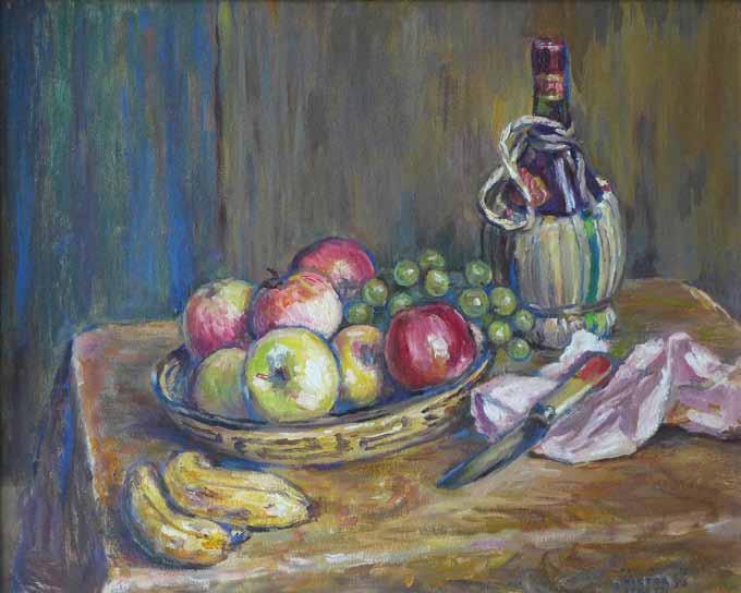16 16. Viktor Stretti (1878 1957) Zátiší s vínem a ovocem olej, karton, 1956, 49 x 59 cm, sign. PD Viktor Stretti 1956, rám, žák prof. E. Lišky, F. Jeneweina a G.