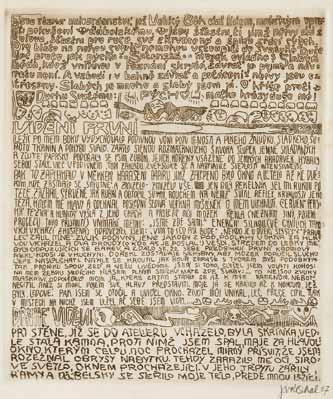 4 4. Vidění (text) lept, 1907, 27,5 x 23,5 cm, sign. PD J. Váchal 07, lehce zažloutlý, při okrajích pokrčený papír, na papíře drobné skvrnky.