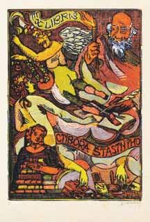Jozefy dřevoryt, 1937, 16,4 x 11,5 cm, PD značeno ve štočku J.V. 37, lehce zažloutlý, při okrajích lehce poškozený papír, na papíře drobné skvrnky 800 Kč ( 32) 70. Ex libris Dr. J. Svatop.