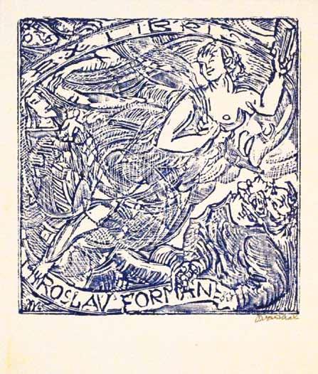 96. Z knih A. Dolenský dřevoryt, 11,5 x 5,7 cm, lehce zažloutlý papír, vzadu razítko: Sbírka exlibris Miroslava Cinnera, reprodukováno P.
