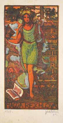 Ex libris Vojtěch Sokol dřevoryt, 1912, 11,3 x 6,5 cm, sign. PD J.Váchal 12, na papíře drobné skvrnky 500 Kč ( 20) 138 133.