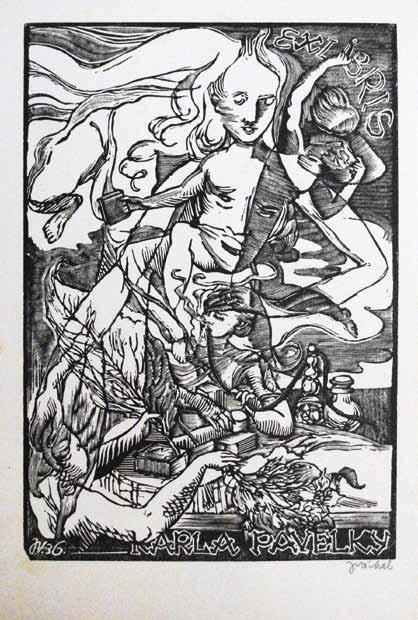 145. Ex libris Vl. Jiřičková dřevoryt, 9,3 x 4 cm, vzadu razítko: Sbírka exlibris Miroslava Cinnera 500 Kč ( 20) 146. Ex libris Vojtěch Sokol dřevoryt, 1912, 11,3 x 6,5 cm, sign. PD J.
