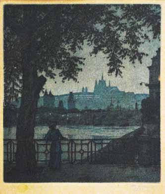 59 57 57. Tavík František Šimon (1877 1942) Hradčanské motivy: Osvětlený hrad večer akvatinta, 20 x 17,5 cm, sign. PD T.F. Šimon, LD značeno razítkem autora, zažloutlý, místy poškozený papír, žák prof.
