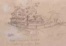 Ludvík Kuba (1863 1956) Zámek s kostelem v Rybnici tužka, papír, 1888, 8,5 x 15,5 cm, sign. LD LKuba, rám, žák prof. M.