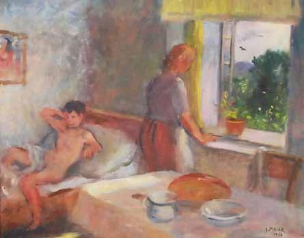 ) Ráno ve světnici olej, plátno, 61 x 48 cm, sign. PD A.