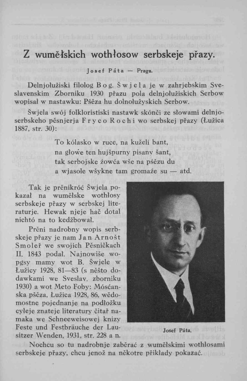 z wumělskich wothlosow serbskeje přazy. Josef Páta Praga. Delnjolužiski filolog Bog.