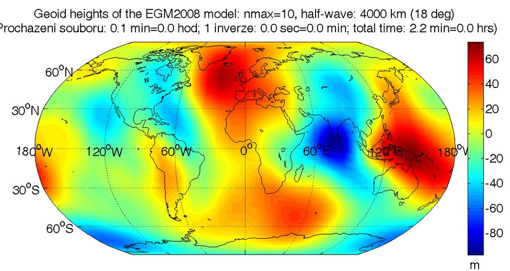 Výsledky: Geoid z jednoho dne měření Odhad SC do stupně/řádu 10 (tj. 117 koeficientů) Data: GPS polohy, 1 den, cca 2,8 tis.