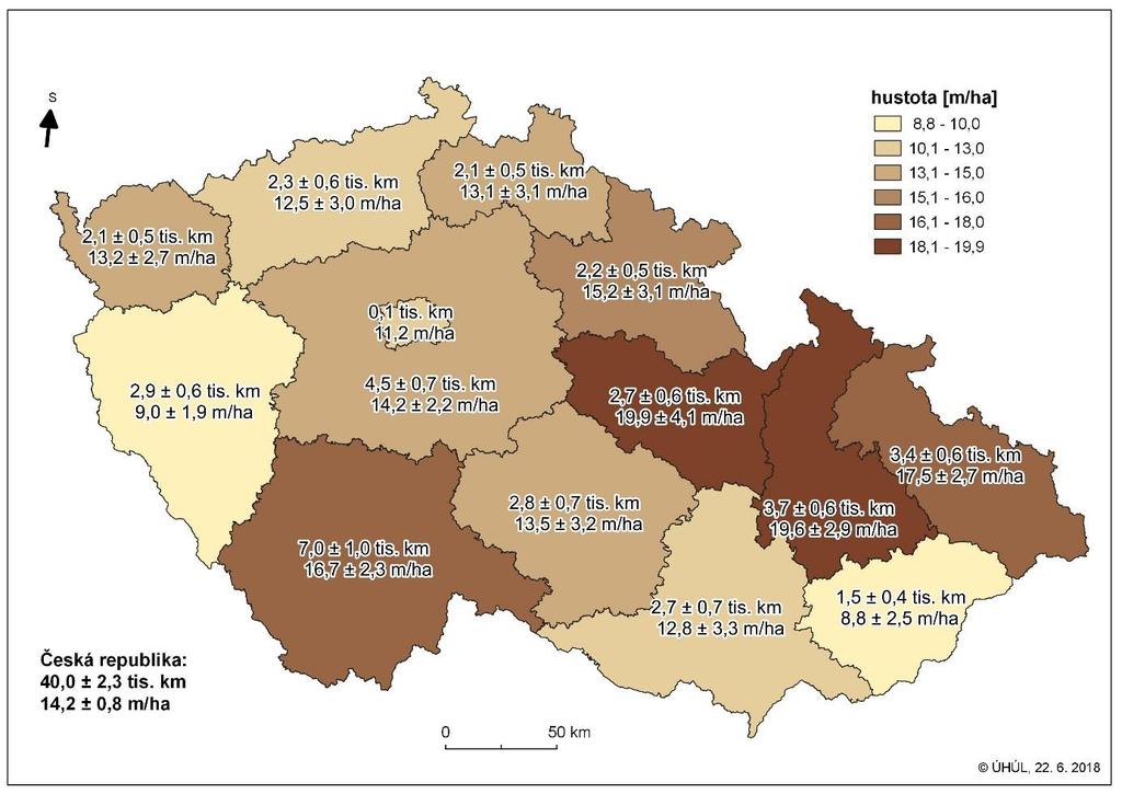 Nejnižší byla zjištěna v kraji Zlínském (8,8 ± 2,5 m/ha) a Plzeňském (9,0 ± 1,9 m/ha). Lze konstatovat, že zpřístupnění lesa po odvozních cestách je i kraji velmi odlišné.