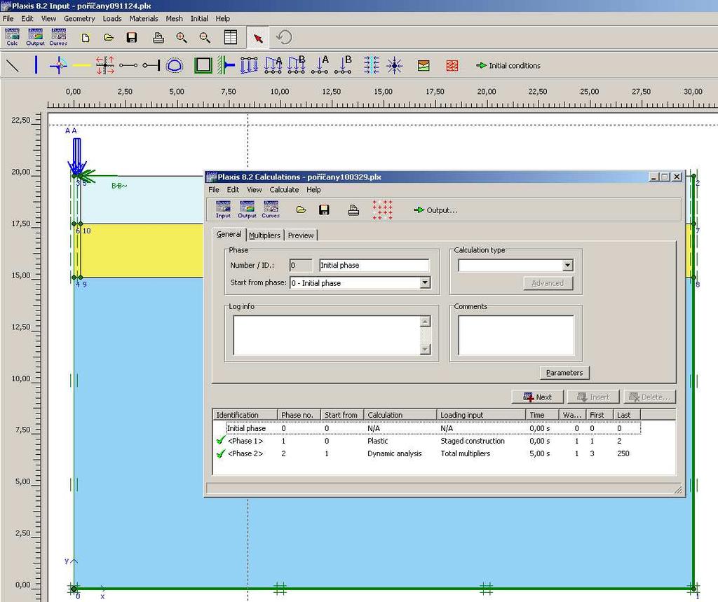 Obr. 3: Uživatelské prostředí programu Plaxis V8.2 2D Plaxis V8.2 2D disponuje výpočetním dynamickým modulem, který umožňuje řešení dynamických úloh pomocí MKP [3].