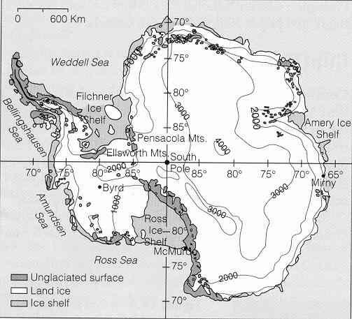 Typologie ledovců horské - jednosměrný pohyb pevninské (kontinentáln lní) - všesměrný pohyb (odstřediv edivě se roztéká) - tvar klenby štítový tový ledovec zaledněná území: Antarktida 13 802 tis.