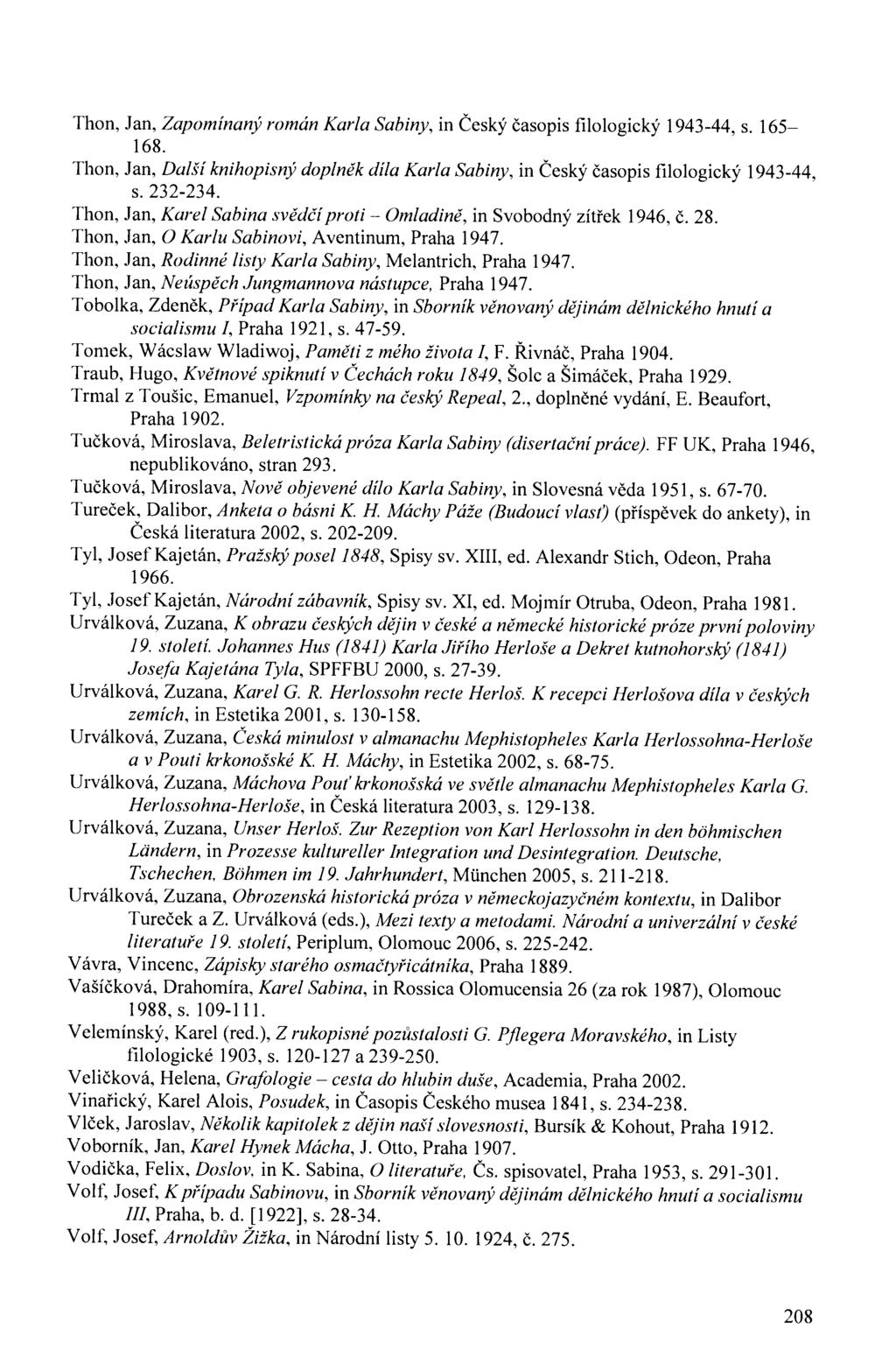 Thon, Jan, Zapomínaný román Karla Sabiny, in Český časopis filologický 1943-44, s. 165-168. Thon, Jan, Další knihopisný doplněk díla Karla Sabiny, in Český časopis filologický 1943-44, s. 232-234.