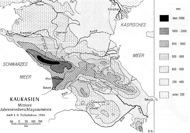 Kavkaz Severní podhůří suché a teplotně kontinentální Velký Kavkaz: na SZ srážkově bohatý, na JV srážkově chudý Údolí Velkého Kavkazu: hřbety Velkého Kavkazu je chrání před zimními vpády chladného