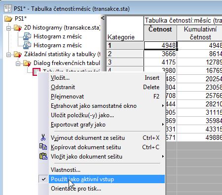 Ty spočteme v Statistiky->Základní statistiky->tabulky četností->proměnná měsíc, v Možnostech zrušíme volbu Počet a zaprotokolování ChD a vypočteme četnosti kliknutím na Výpočet.