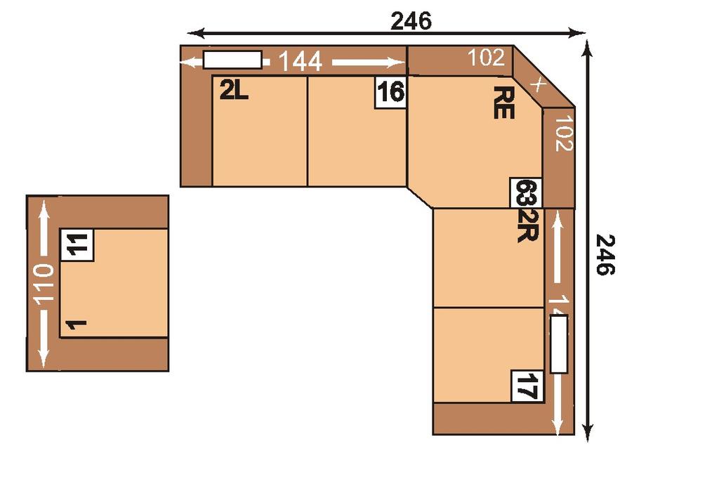 viz popis 2SL = 2-sedák s úložným prostorem, područka vlevo; PEL = Trapezový roh vlevo; 3APER = 3-sedák s funkcí