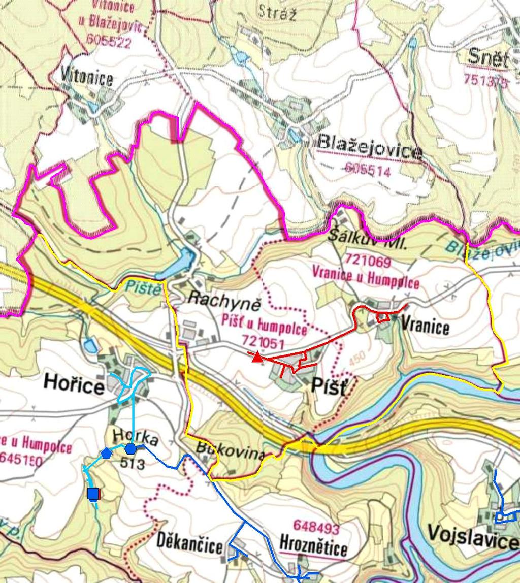 MAPA - VODOVODY Trasování sítí, lokalizace vodojemů, zdrojů, čerpacích stanic, ATS, ÚV Vodovodní řady Vodojem zemní