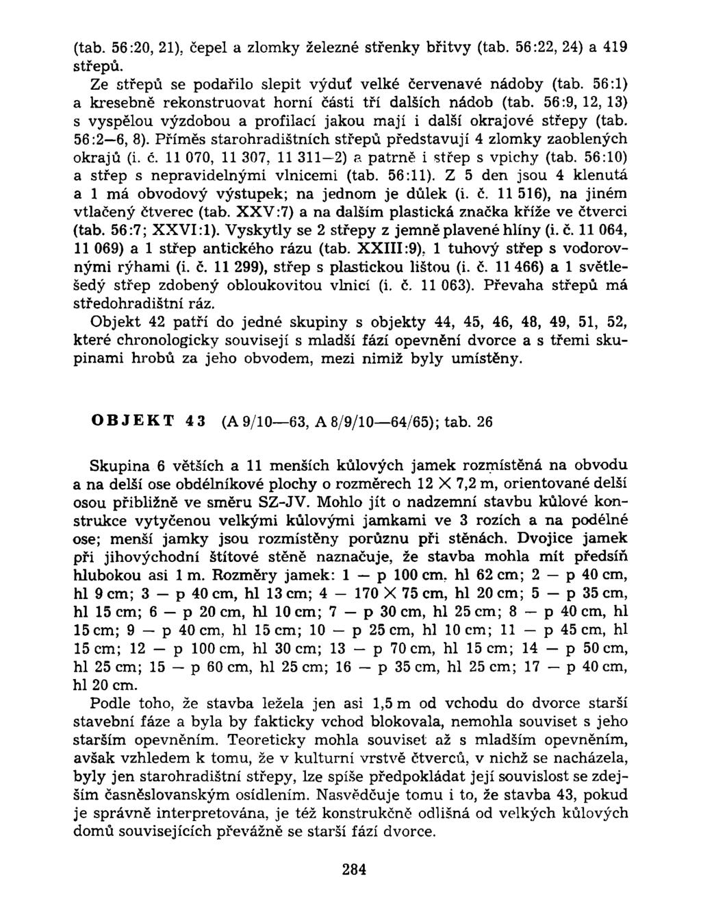 (tab. 56:20, 21), čepel a zlomky železné střenky břitvy (tab. 56:22, 24) a 419 střepů. Ze střepů se podařilo slepit výduť velké červenavé nádoby (tab.