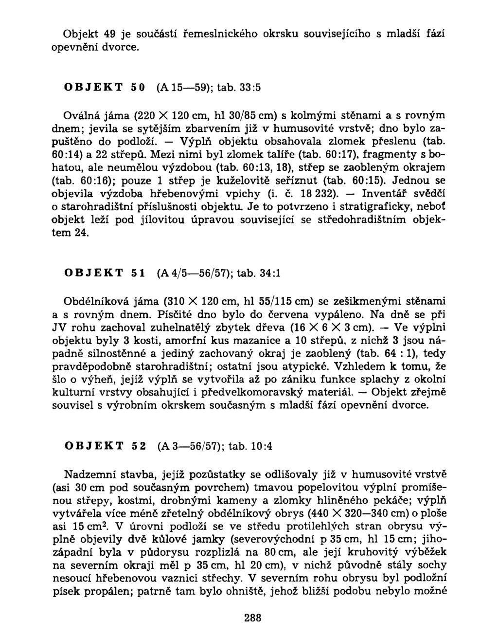 Objekt 49 je součástí řemeslnického okrsku souvisejícího s mladší fází opevnění dvorce. OBJEKT 50 (A15 59); tab.