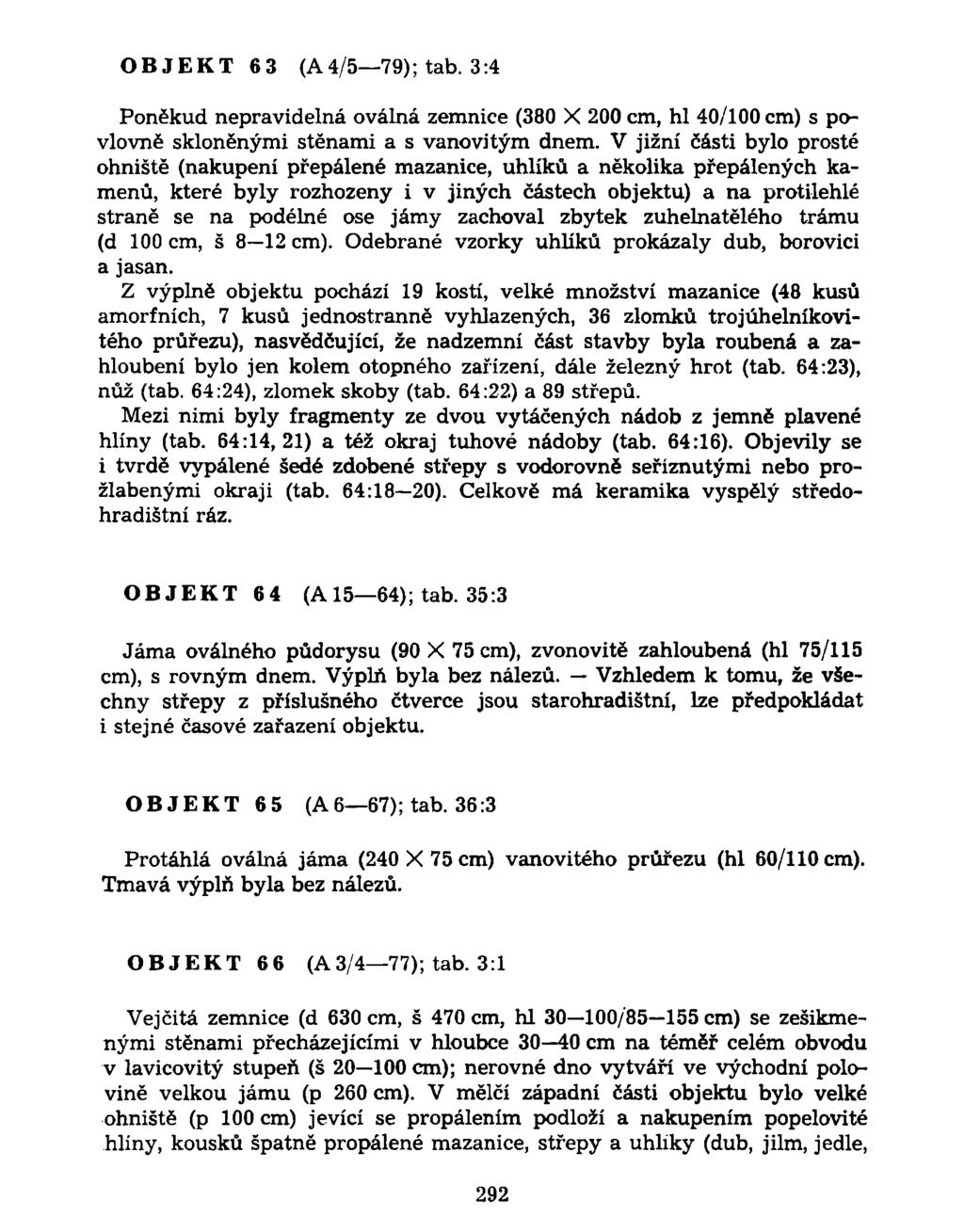 OBJEKT 63 (A4/5 79); tab. 3:4 Poněkud nepravidelná oválná zemnice (380 X 200 cm, hl 40/100 cm) s povlovně skloněnými stěnami a s vanovitým dnem.