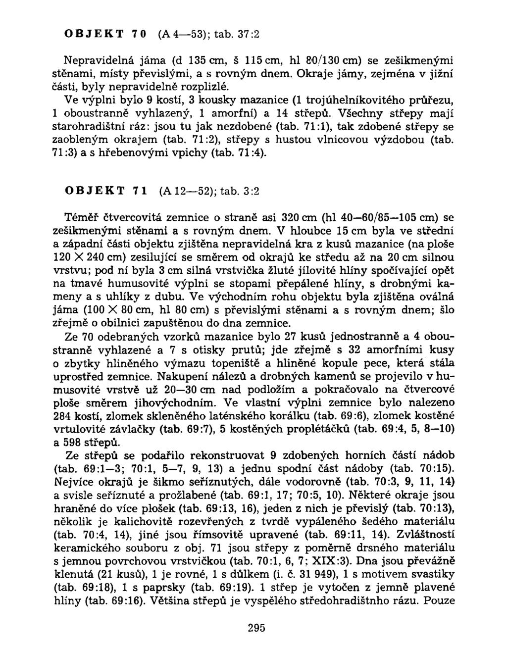 OBJEKT 70 (A4 53); tab. 37:2 Nepravidelná jáma (d 135 cm, š 115 cm, hl 80/130 cm) se zešikmenými stěnami, místy převislými, a s rovným dnem.