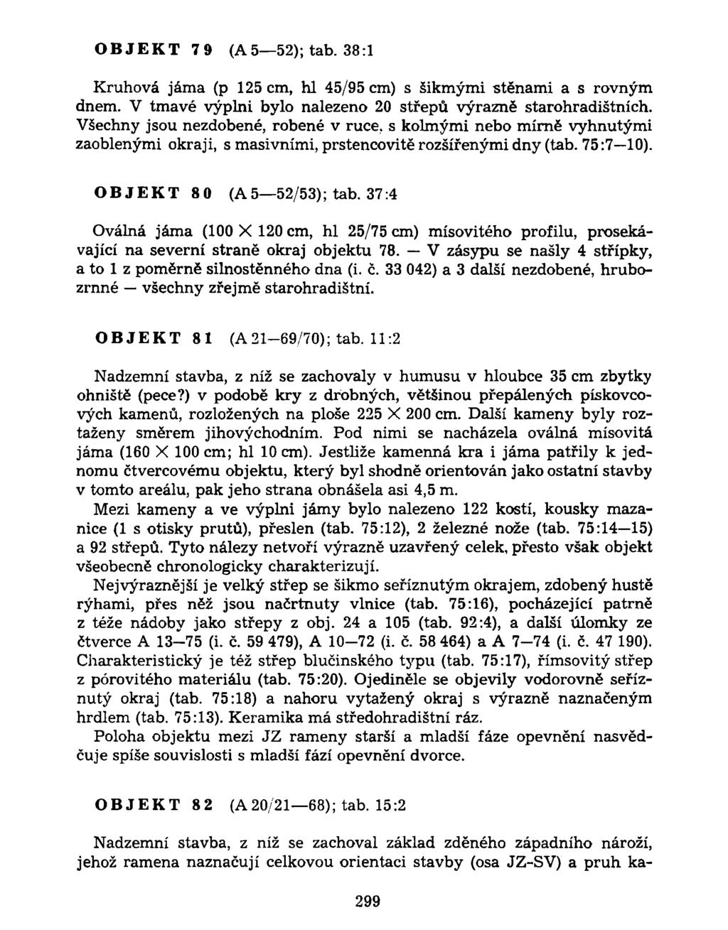 OBJEKT 79 (A5 52); tab. 38:1 Kruhová jáma (p 125 cm, hl 45/95 cm) s šikmými stěnami a s rovným dnem. V tmavé výplni bylo nalezeno 20 střepů výrazně starohradištních.