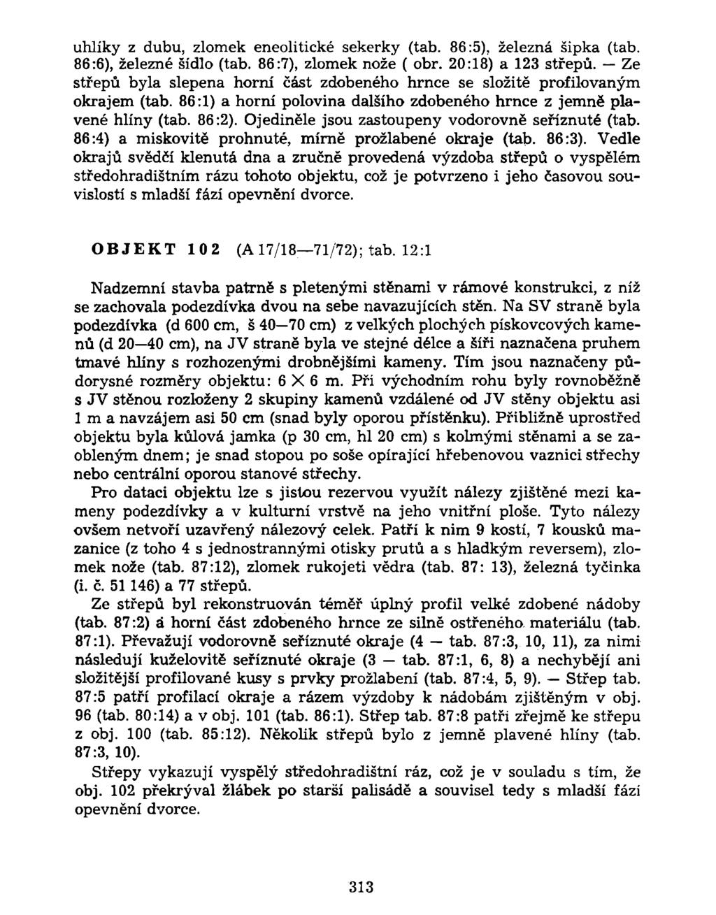 uhlíky z dubu, zlomek eneolitické sekerky (tab. 86:5), železná šipka (tab. 86:6), železné sídlo (tab. 86:7), zlomek nože ( obr. 20:18) a 123 střepů.