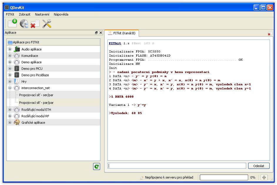 Obrázek 5.13: Aplikace QDevKit: zadání příkazu K získání vypočtené hodnoty je nutné propojit pin JP10(5) (signál z FPGA) s pinem JP9(26) (signál z MCU).