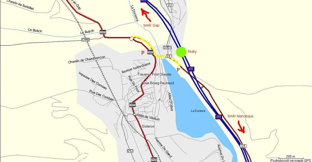 Sisteron. Mapa příjezdu ke skalám. Třetí oblastí, kde jsme okusili místní vápenec je Chateau Arnoux.