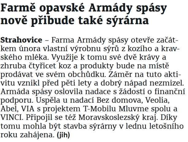 Opavský a hlučínský deník Farmě opavské Armády spásy nově přibude také sýrárna 9.12.