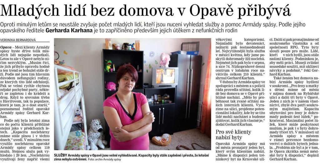 Mladých lidí bez domova v Opavě přibývá 18.3.2016 Opavský a hlučínský deník str.