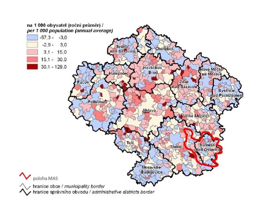 Obrázek Přírůstek (úbytek) počtu obyvatel v obcích Kraje Vysočina a specificky v obcí MAS Oslavka v letech 20