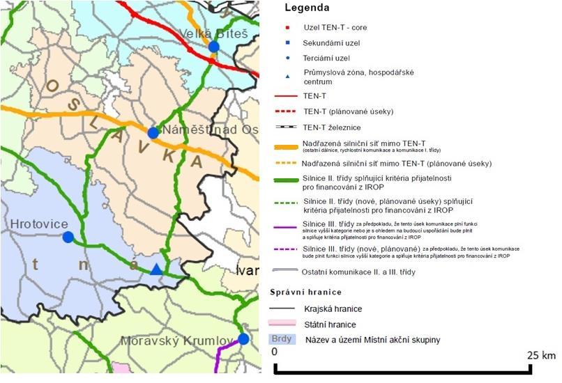 Většina území MAS je dopravně obsluhována pomocí silnic II. a III. třídy. Mezi základní silniční osy patří silnice II/399 (Jinošov Třesov), II/392 (Čikov Mohelno) a II/390 (prochází obcí Budišov).